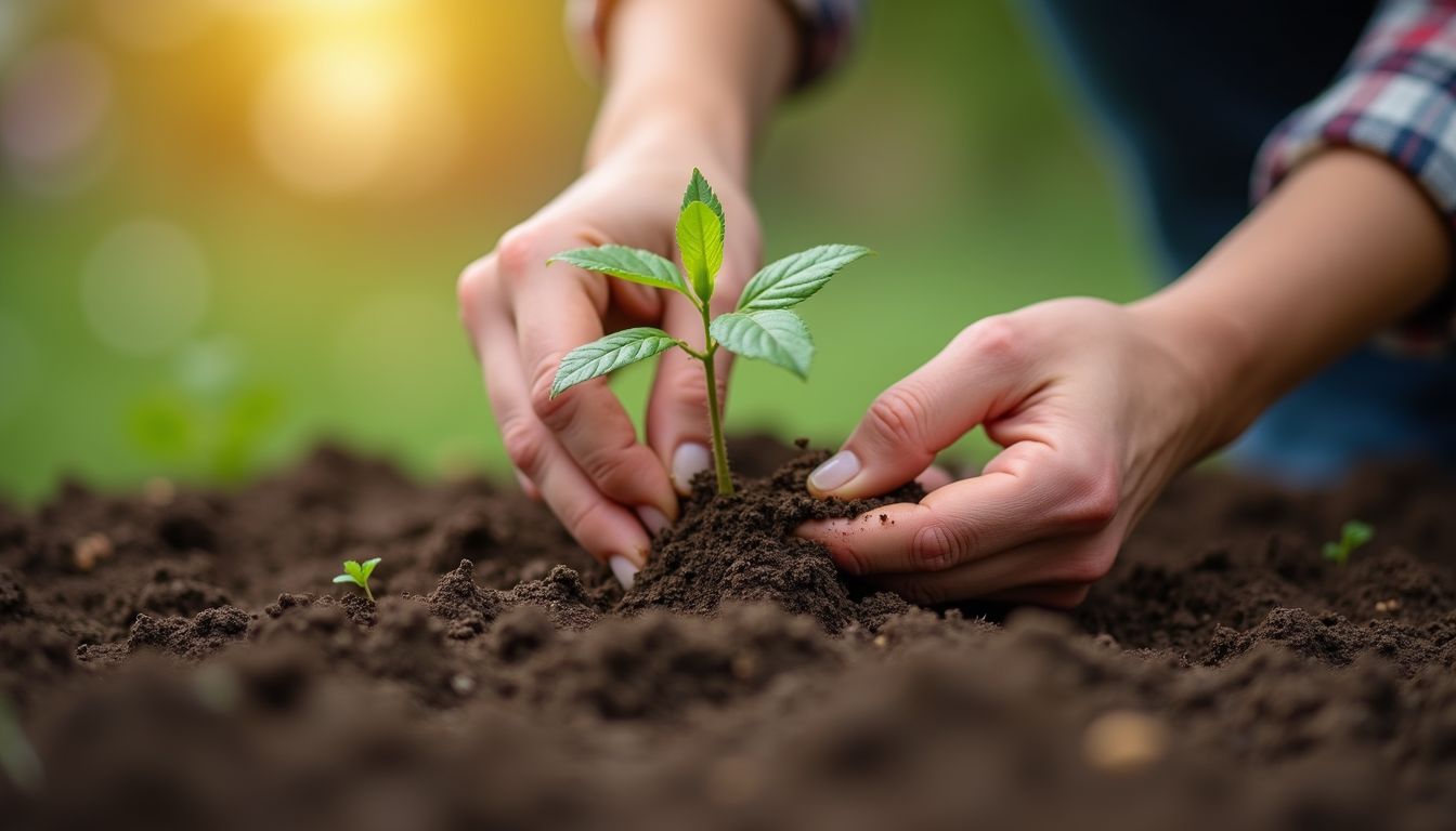 Close-up view of hands planting seeds in soil during a community gardening event