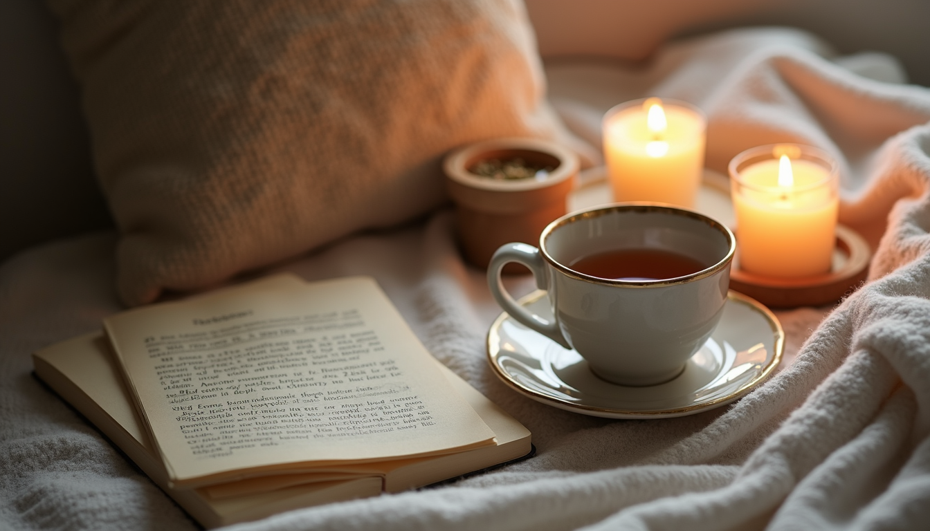 High angle view of a cozy self-care setup with candles, a journal, and herbal tea