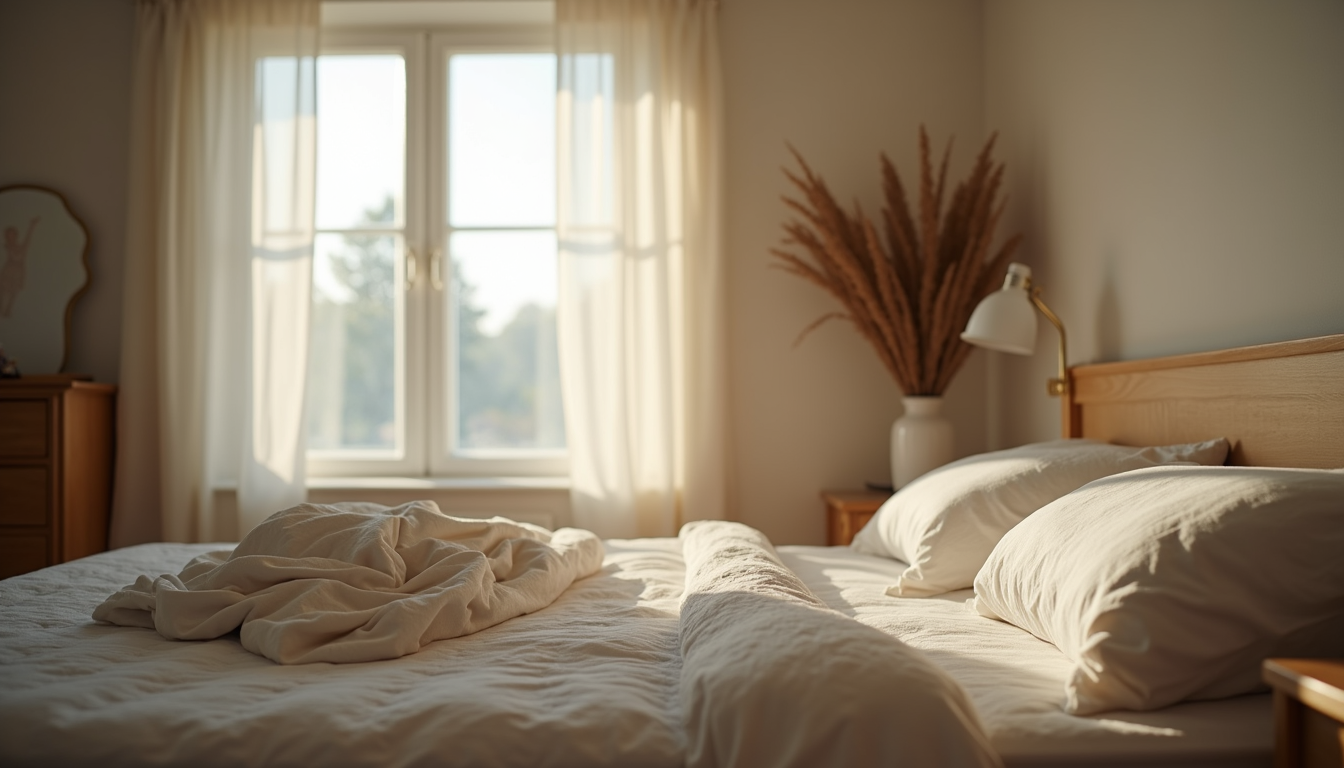 Eye-level view of a cozy bedroom with soft lighting and a neatly made bed