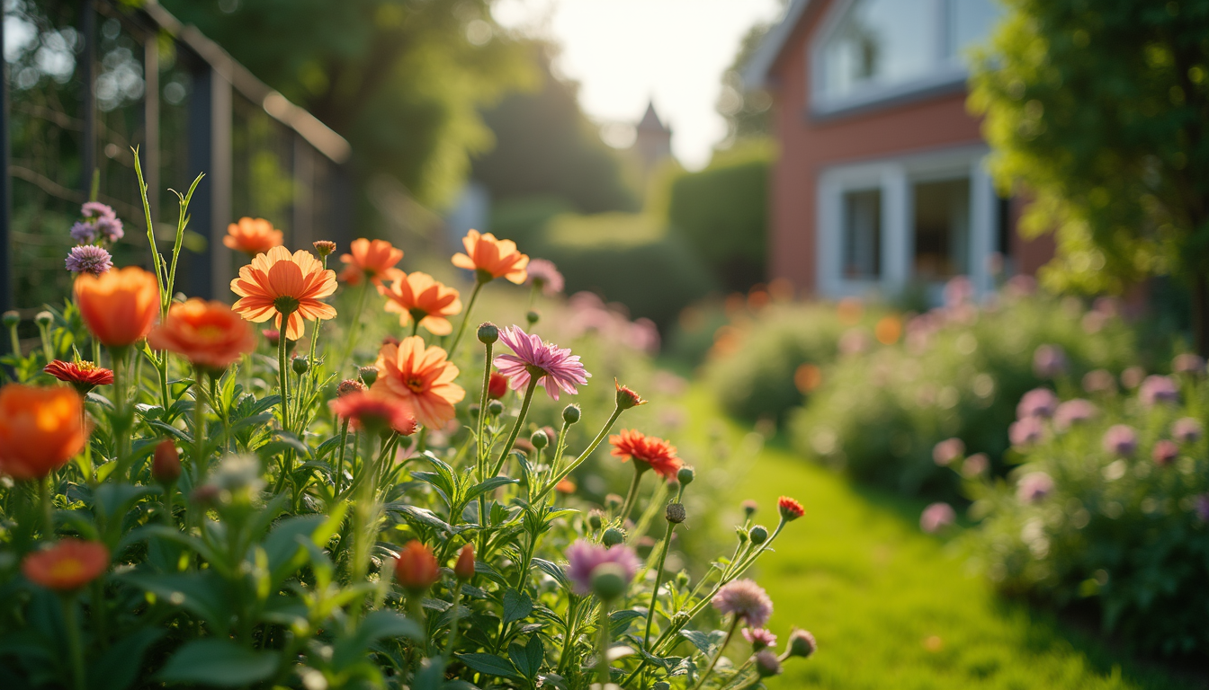 Eye-level view of a community garden with vibrant flowers and greenery