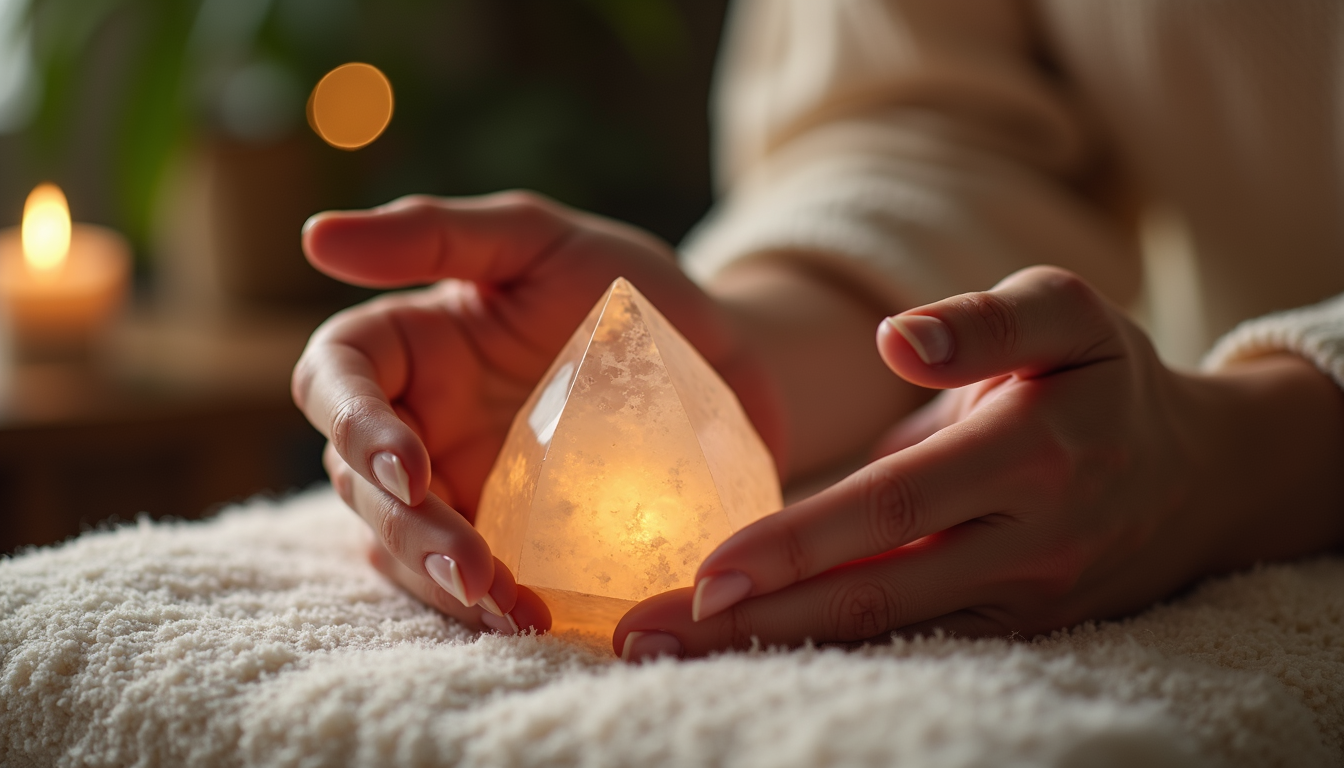 Close-up view of hands gently hovering over a crystal during a Reiki session