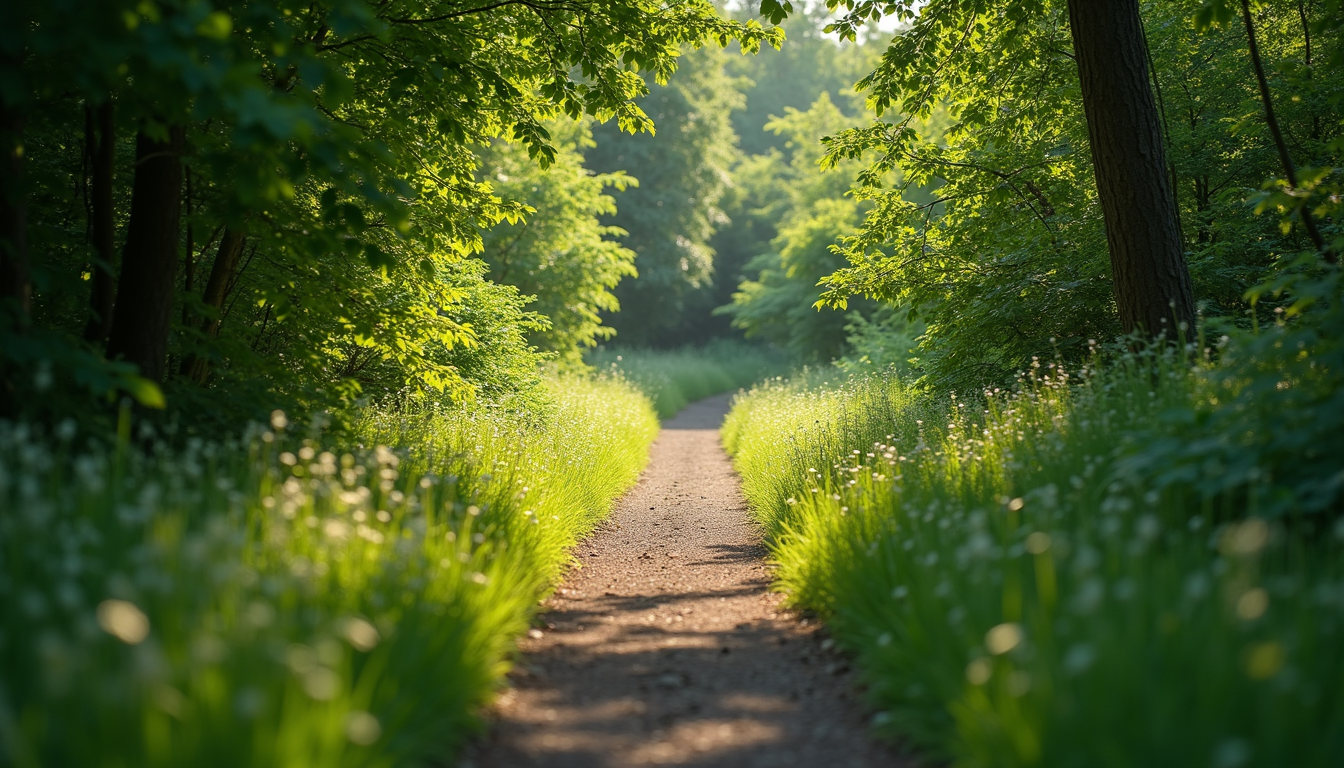 High angle view of a peaceful nature trail surrounded by lush greenery
