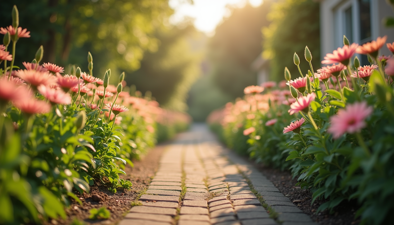 Eye-level view of a serene garden path lined with blooming flowers