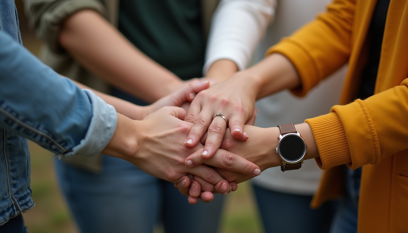 Close-up view of a circle of diverse women holding hands in support