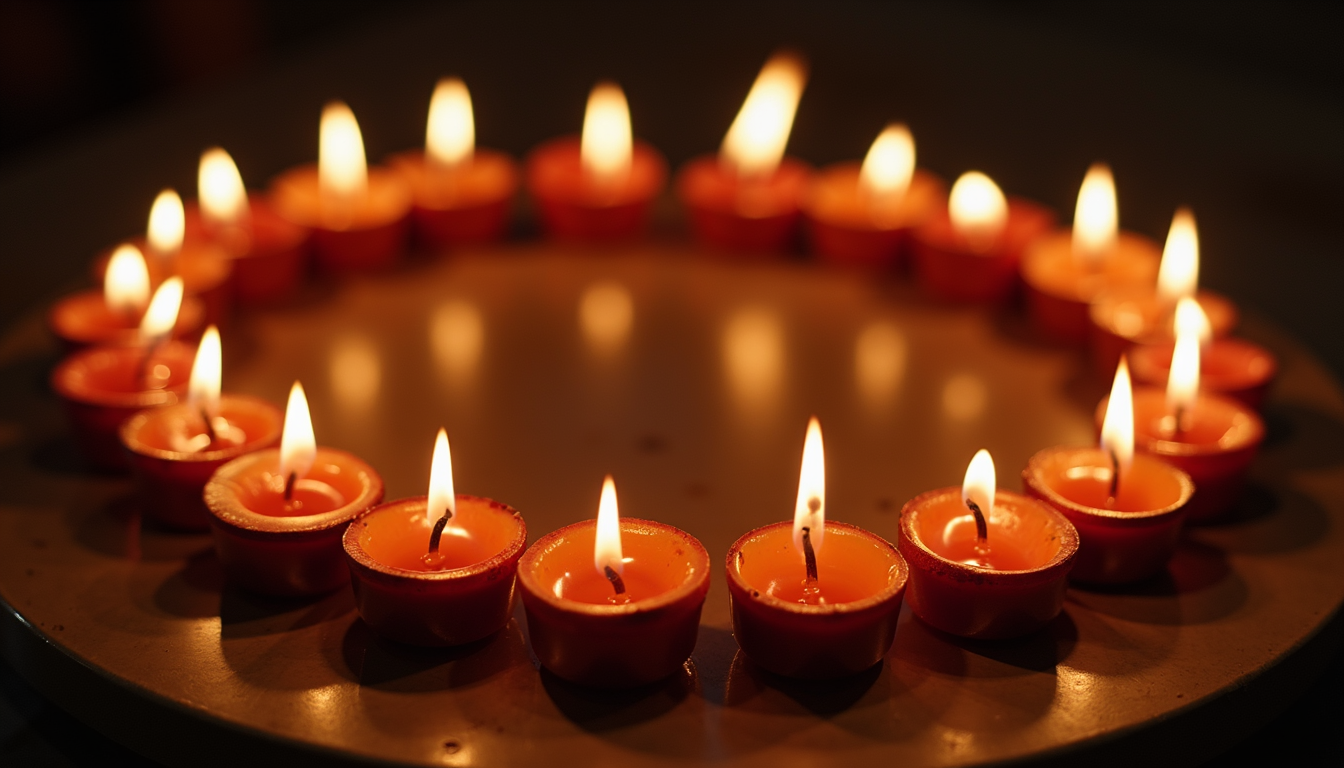 High angle view of a circle of candles lit during a community ritual
