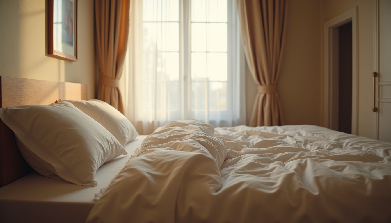 Eye-level view of a cozy bedroom with soft lighting and a neatly made bed