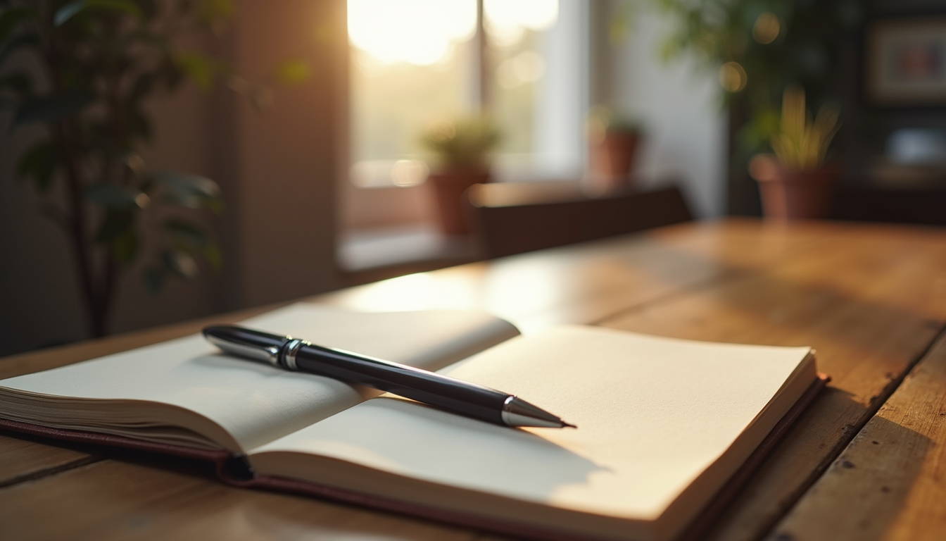 Close-up view of a journal and pen on a wooden table, symbolizing reflection and growth