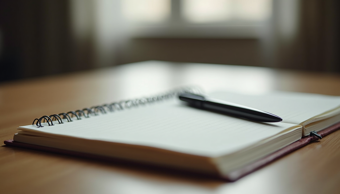 Close-up view of a journal and pen on a wooden table, symbolizing reflection and emotional awareness