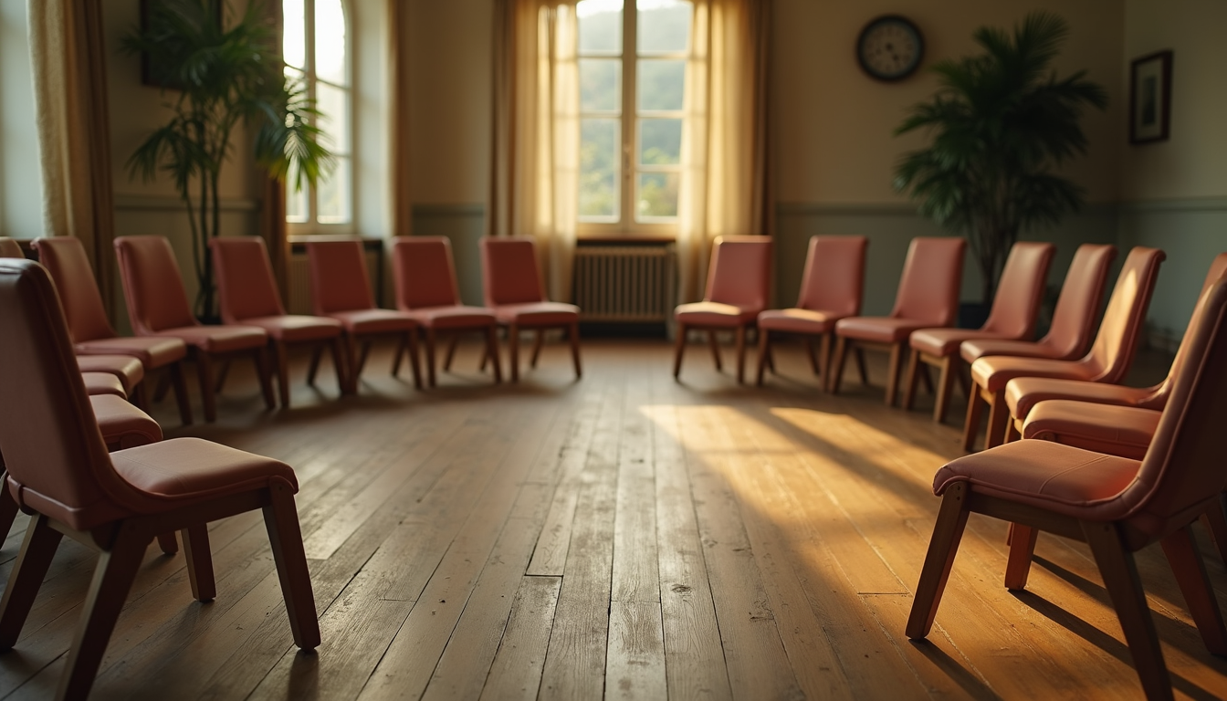 Close-up view of a circle of chairs arranged for a healing circle