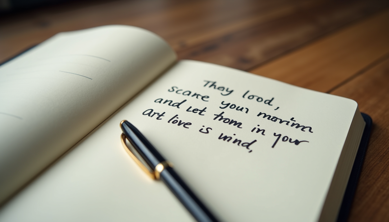Close-up view of a journal with handwritten affirmations and a pen
