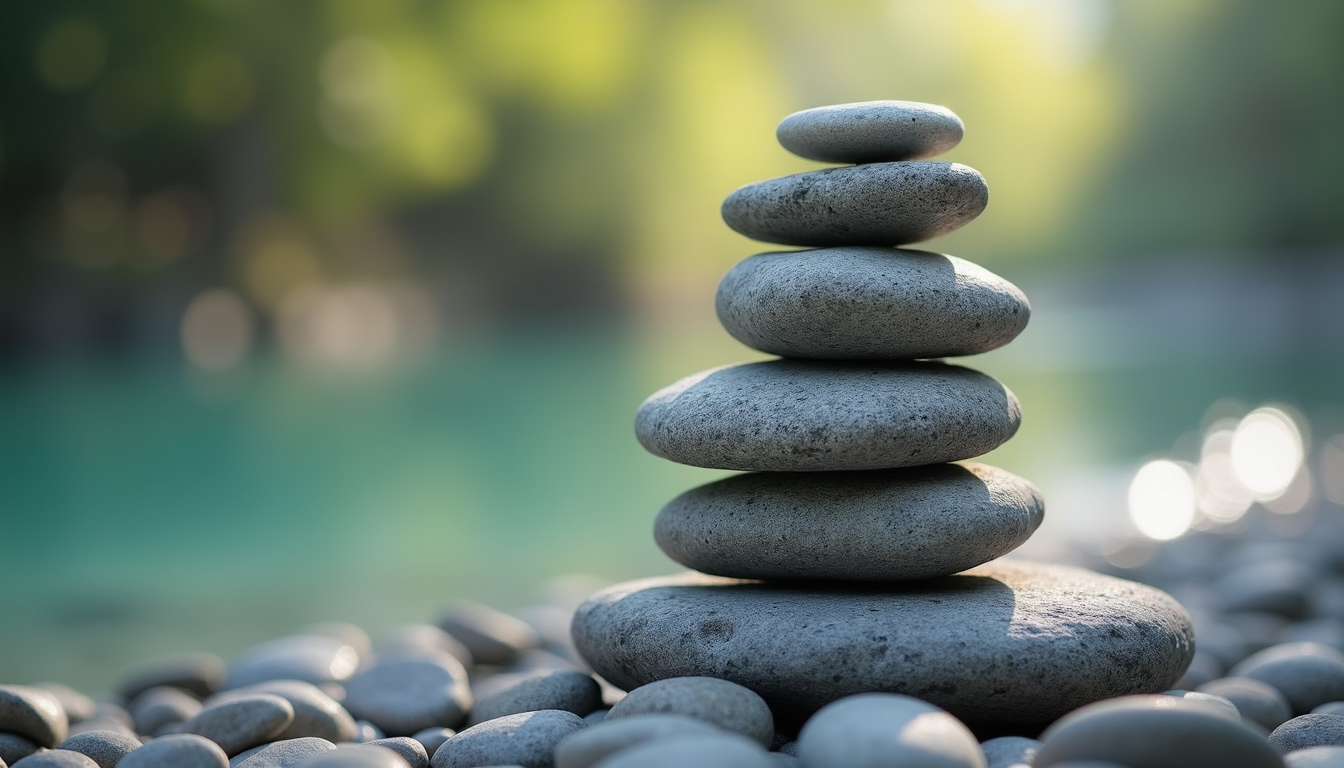 High angle view of five stones stacked on each other
