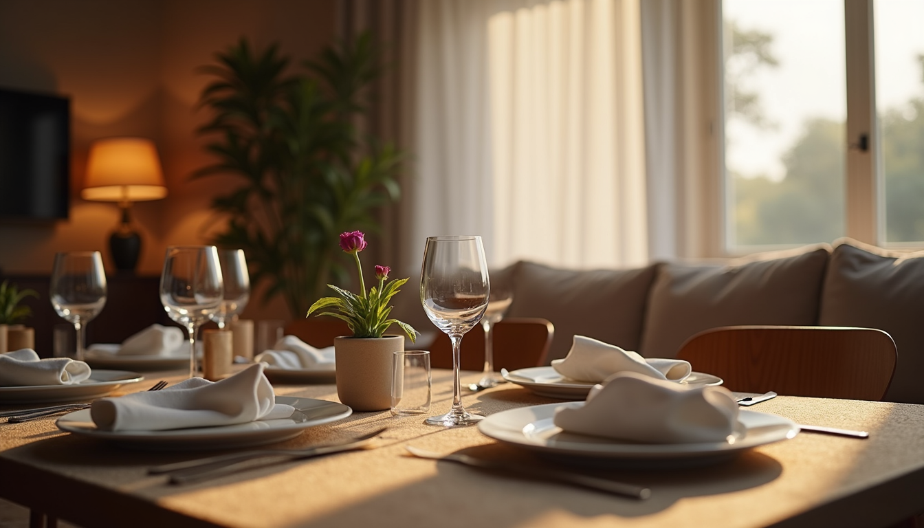 Eye-level view of a cozy living room set up for a small group gathering