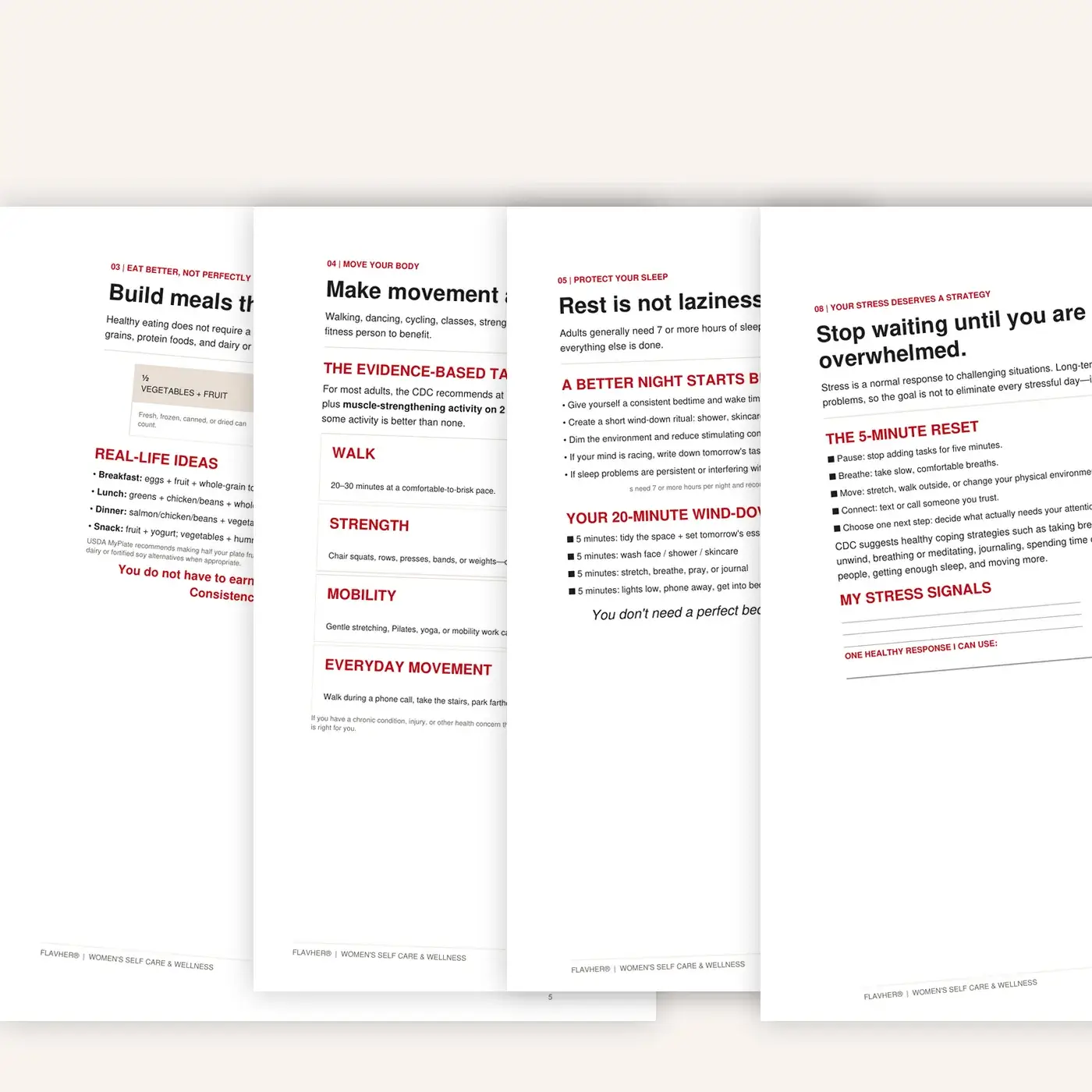 Self care workbook pages covering healthy eating movement sleep and stress