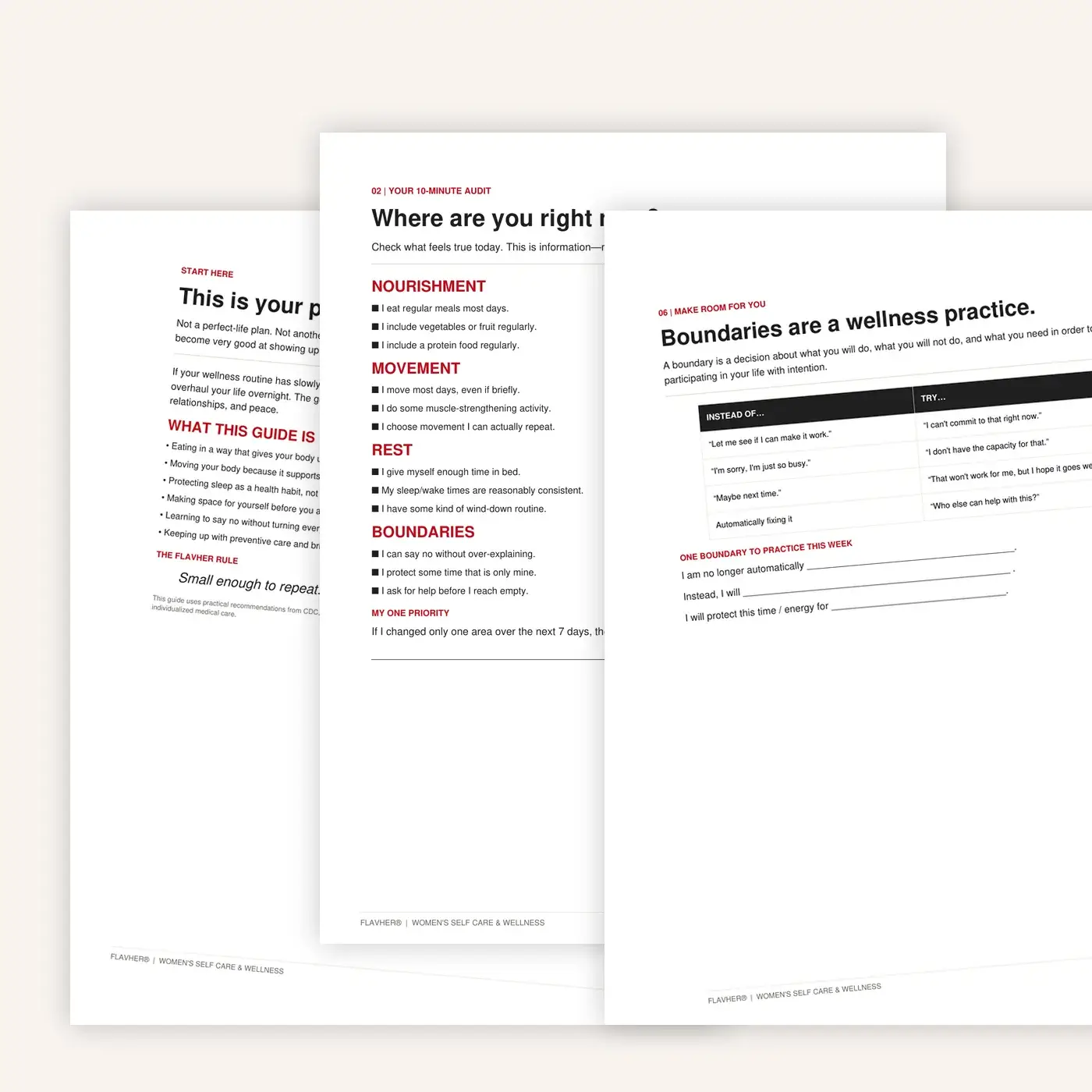 Inside the FlavHer self care workbook with wellness audit and boundaries worksheet
