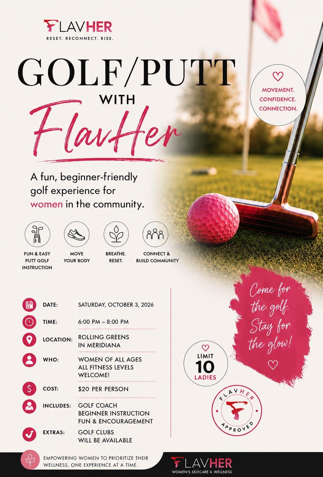 Golf Putt With FlavHer beginner-friendly women's golf event at Rolling Greens Park in Meridiana, Iowa Colony, Texas on October 3, 2026