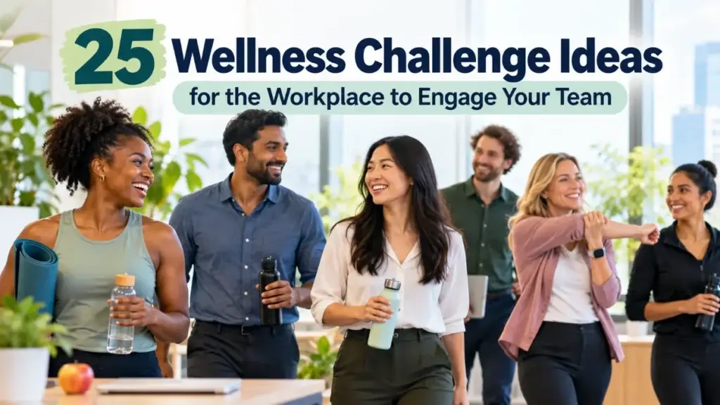 Wellness challenge ideas for the workplace with a diverse team participating in employee wellbeing activities