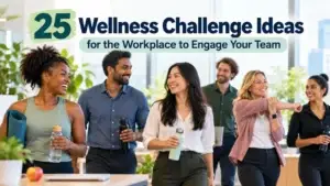 Wellness challenge ideas for the workplace with a diverse team participating in employee wellbeing activities