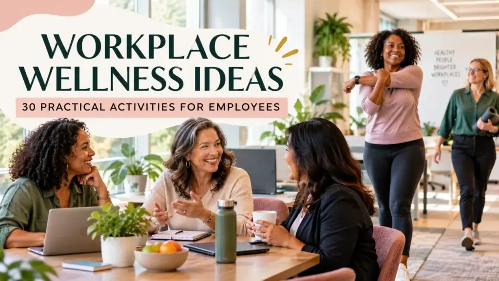Workplace wellness ideas with diverse employees participating in practical workplace wellbeing activities