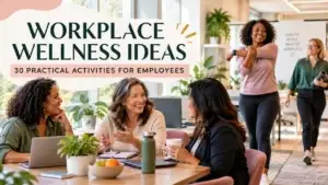 Workplace wellness ideas with diverse employees participating in practical workplace wellbeing activities